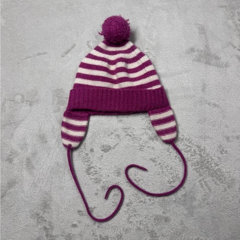 Baby CZ by Carolina Zapf 100% Cashmere Knit Pom Striped Ear Muff Beanie 18-24 M